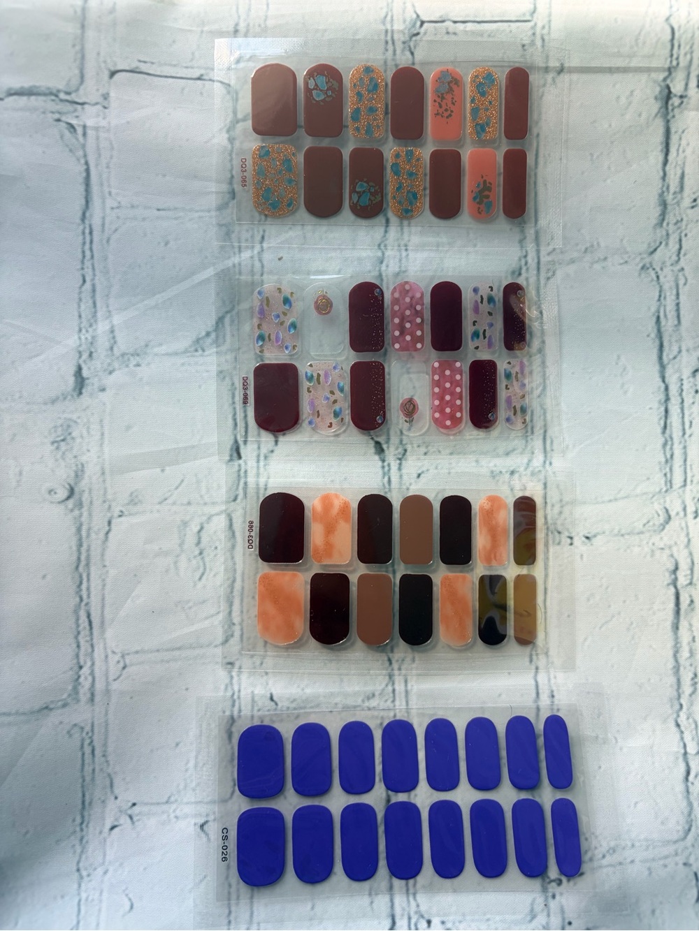 4 Pack Nail Wrap Set - Assorted Blue, Peach, Burgundy & Multi-Color Designs